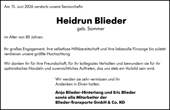 Traueranzeige von Heidrun Blieder von Hinterländer Anzeiger