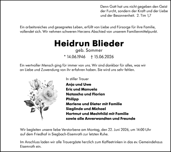 Traueranzeige von Heidrun Blieder von Hinterländer Anzeiger