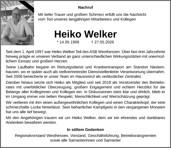 Traueranzeige von Heiko Welker von Weilburger Tageblatt