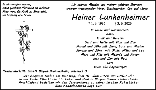 Traueranzeige von Heiner Lunkenheimer von Binger-/Ingelheimer Wochenblatt