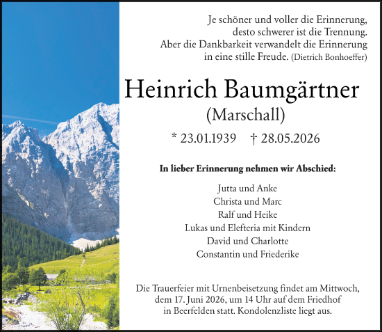 Traueranzeige von Heinrich Baumgärtner von Odenwälder Echo