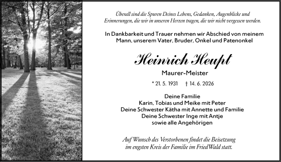 Traueranzeige von Heinrich Heupt von Groß-Gerauer Echo