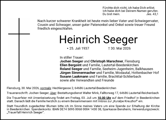 Traueranzeige von Heinrich Seeger von Darmstädter Echo