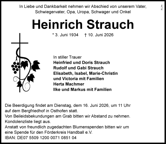 Traueranzeige von Heinrich Strauch von Wormser Zeitung