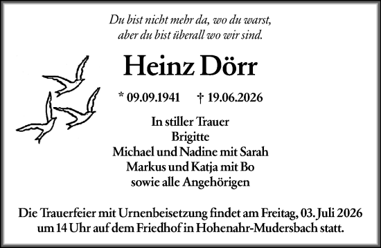 Traueranzeige von Heinz Dörr von Wetzlarer Neue Zeitung