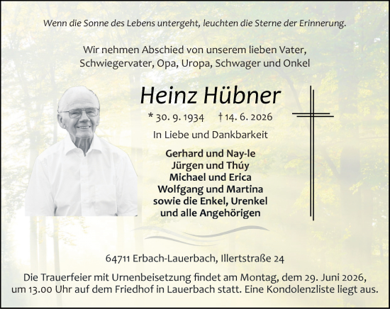 Traueranzeige von Heinz Hübner von Odenwälder Echo