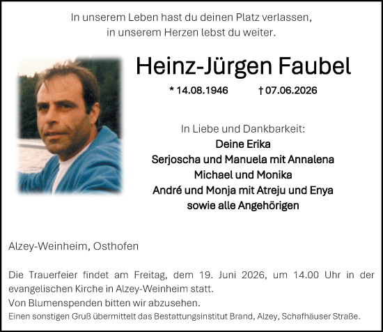 Traueranzeige von Heinz-Jürgen Faubel von Allgemeine Zeitung Alzey