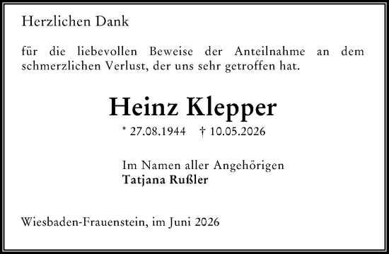 Traueranzeige von Heinz Klepper von Wiesbadener Kurier