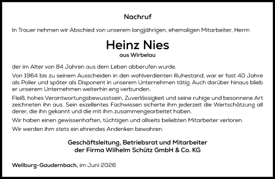 Traueranzeige von Heinz Nies von Weilburger Tageblatt