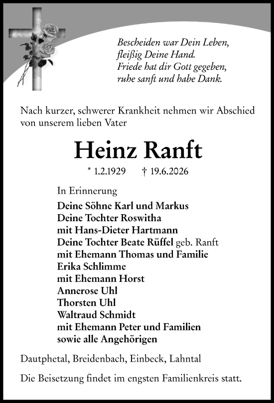 Traueranzeige von Heinz Ranft von Hinterländer Anzeiger