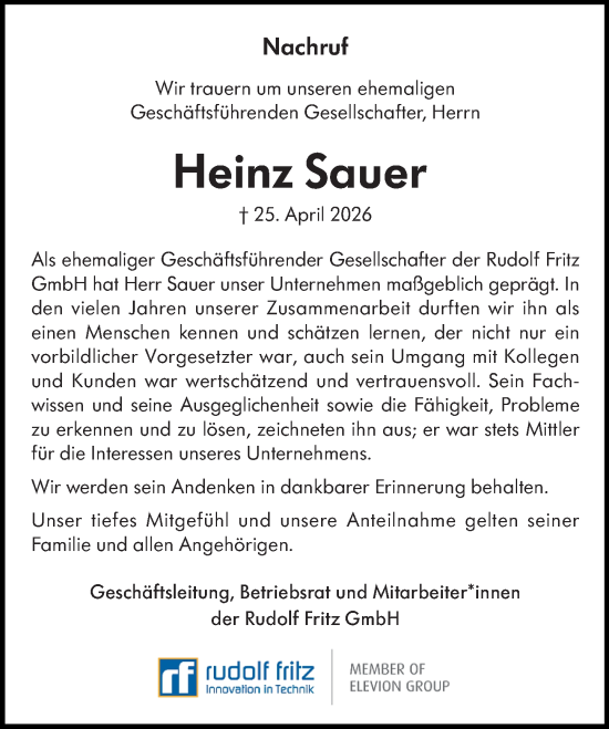 Traueranzeige von Heinz Sauer von Rüsselsheimer Echo