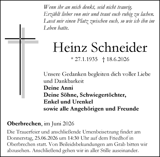 Traueranzeige von Heinz Schneider von Camberger Anzeiger