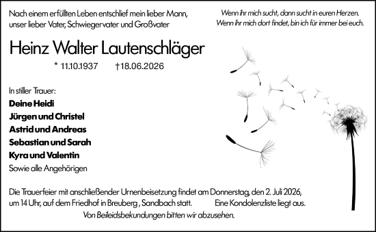 Traueranzeige von Heinz Walter Lautenschläger von Odenwälder Echo