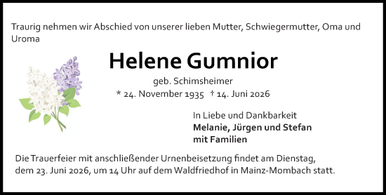 Traueranzeige von Helene Gumnior von Allgemeine Zeitung Mainz