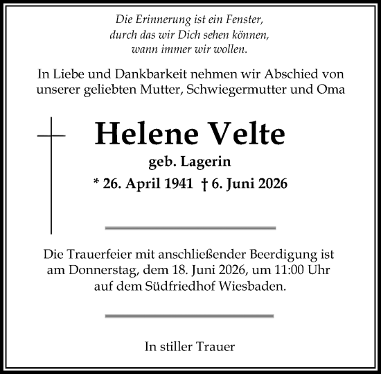 Traueranzeige von Helene Velte von Wiesbadener Kurier