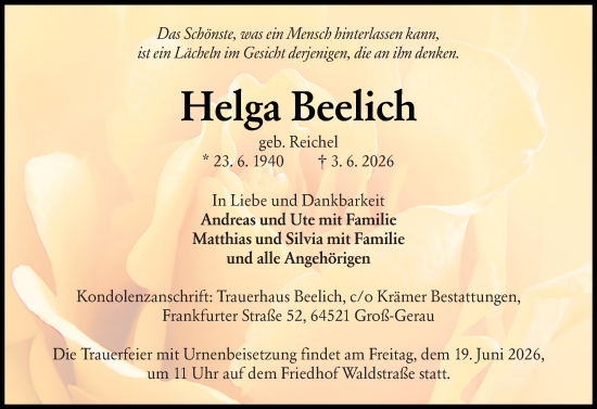 Traueranzeige von Helga Beelich von Groß-Gerauer Echo