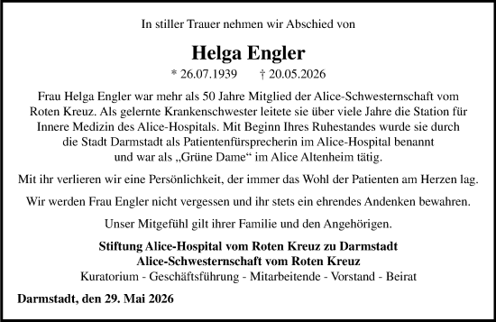 Traueranzeige von Helga Engler von Darmstädter Echo