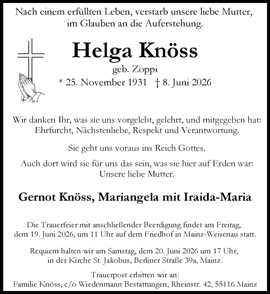 Traueranzeige von Helga Knöss von Allgemeine Zeitung Mainz