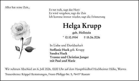 Traueranzeige von Helga Krupp von Wormser Zeitung