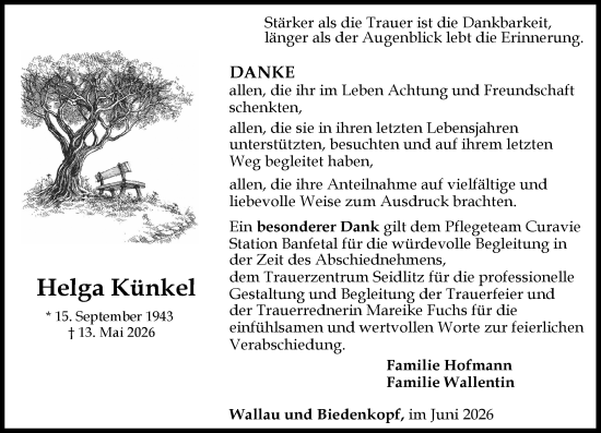 Traueranzeige von Helga Künkel von Hinterländer Anzeiger