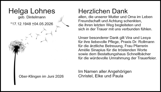 Traueranzeige von Helga Lohnes von Darmstädter Echo