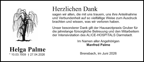 Traueranzeige von Helga Palme von Darmstädter Echo