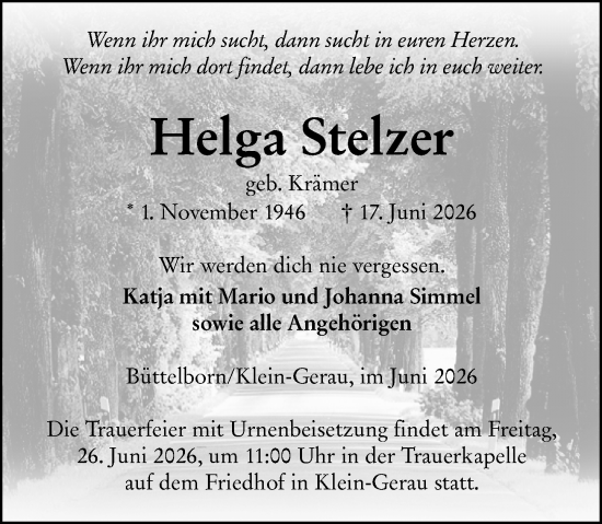 Traueranzeige von Helga Stelzer von Groß-Gerauer Echo