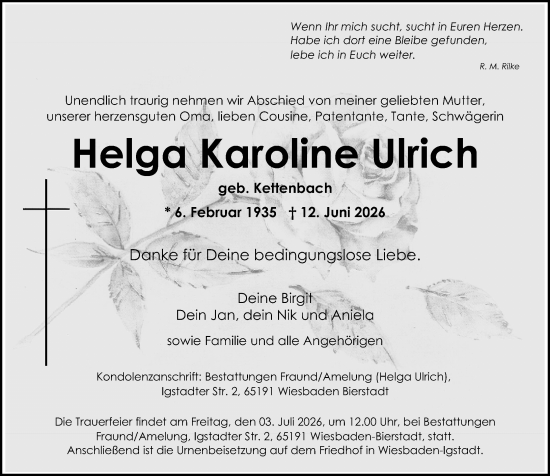 Traueranzeige von Helga Karoline Ulrich von Wiesbadener Kurier