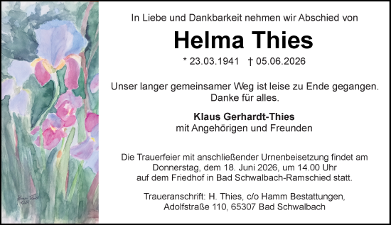 Traueranzeige von Helma Thies von Rheingau-Taunus-Kreis Wochenblatt