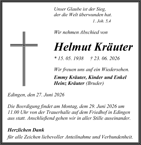 Traueranzeige von Helmut Kräuter von Wetzlarer Neue Zeitung