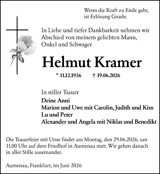 Traueranzeige von Helmut Kramer von Weilburger Tageblatt