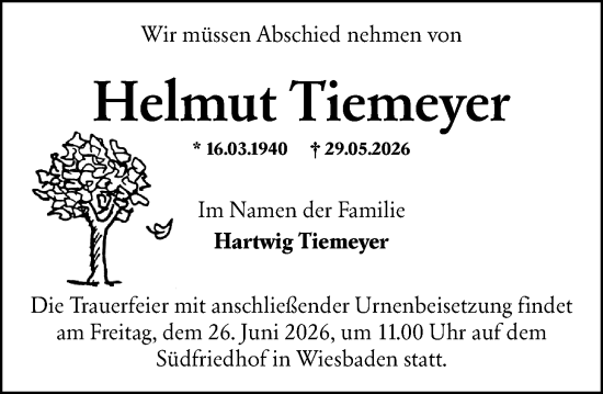 Traueranzeige von Helmut Tiemeyer von Wiesbadener Kurier