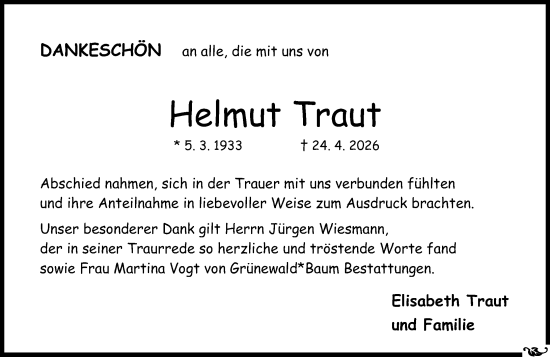 Traueranzeige von Helmut Traut von Allgemeine Zeitung Mainz