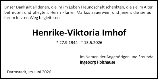 Traueranzeige von Henrike-Viktoria Imhof von Darmstädter Echo
