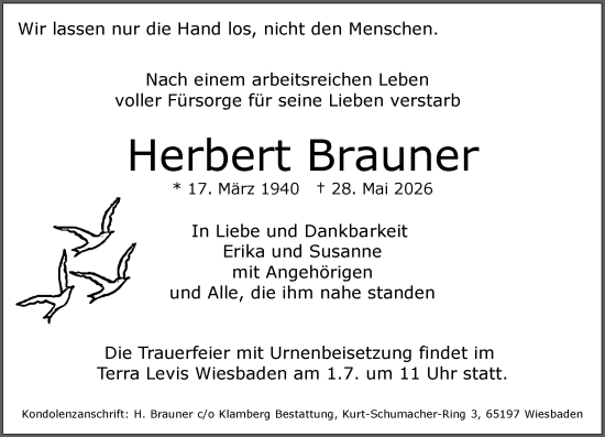 Traueranzeige von Herbert Brauner von Wiesbadener Kurier