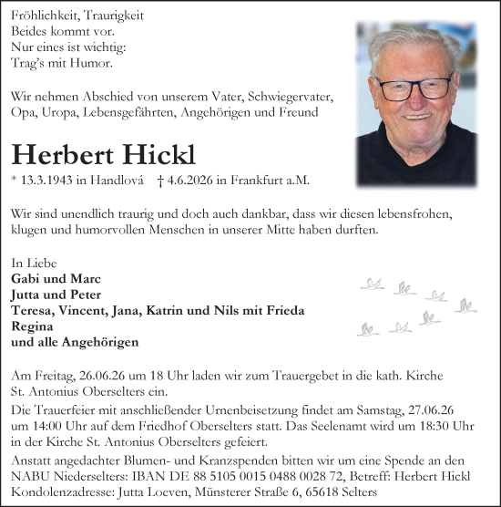 Traueranzeige von Herbert Hickl von Nassauische Neue Presse
