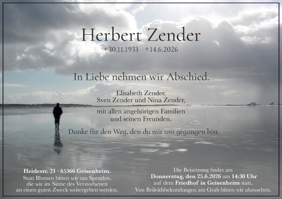 Traueranzeige von Herbert Zender von Wiesbadener Kurier