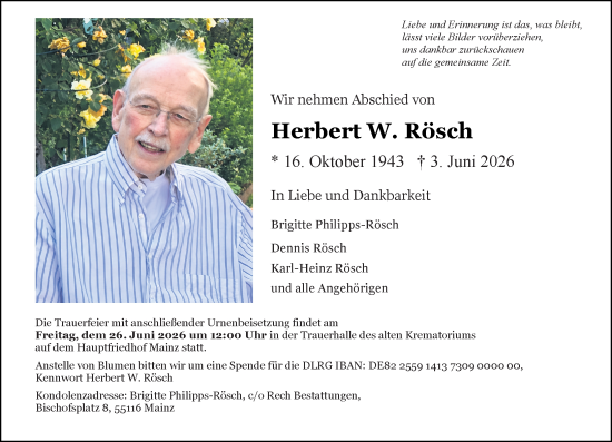 Traueranzeige von Herbert W. Rösch von Allgemeine Zeitung Mainz
