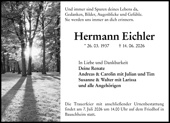 Traueranzeige von Hermann Eichler von Rüsselsheimer Echo