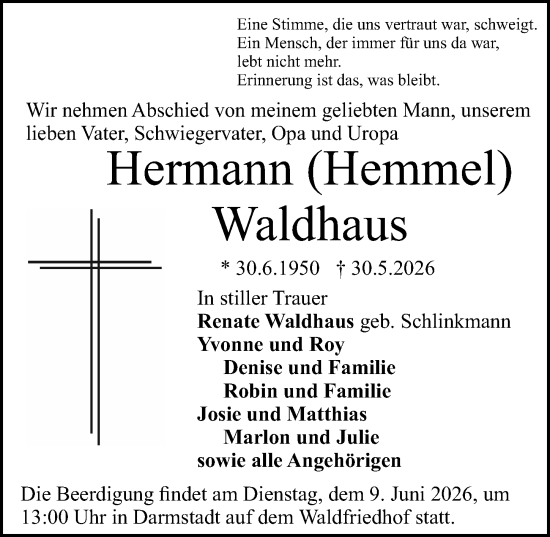 Traueranzeige von Hermann Waldhaus von Darmstädter Echo