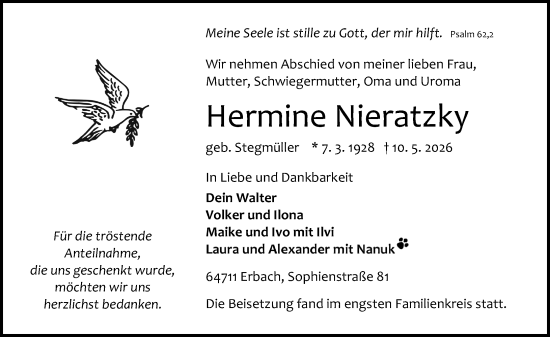 Traueranzeige von Hermine Nieratzky von Odenwälder Echo
