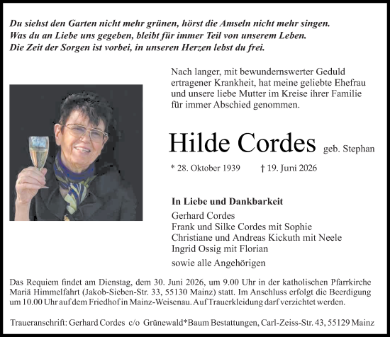 Traueranzeige von Hilde Cordes von Allgemeine Zeitung Mainz
