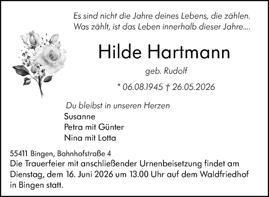 Traueranzeige von Hilde Hartmann von Binger-/Ingelheimer Wochenblatt