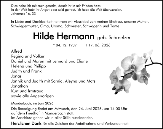 Traueranzeige von Hilde Hermann von Dill Block