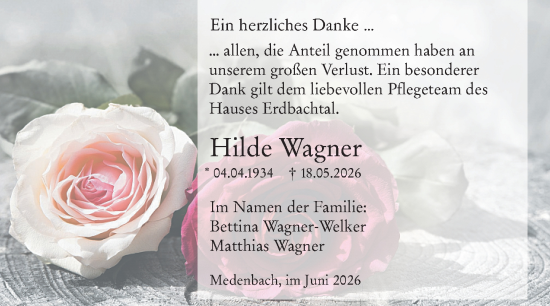 Traueranzeige von Hilde Wagner von Dill Block