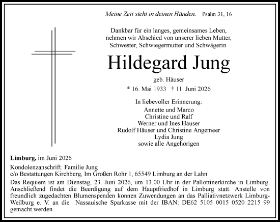 Traueranzeige von Hildegard Jung von Nassauische Neue Presse