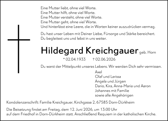 Traueranzeige von Hildegard Kreichgauer von Wormser Zeitung