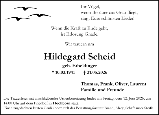 Traueranzeige von Hildegard Scheid von Allgemeine Zeitung Alzey