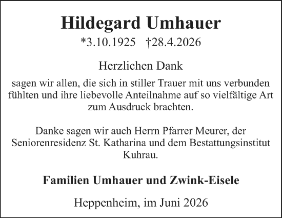 Traueranzeige von Hildegard Umhauer von Starkenburger Echo