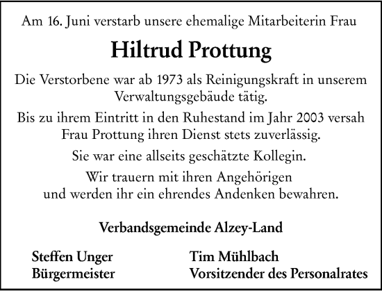 Traueranzeige von Hiltrud Prottung von Allgemeine Zeitung Alzey